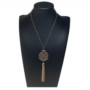 Filagree Medallion Tassel Fringe Pendant Necklace 16-17"